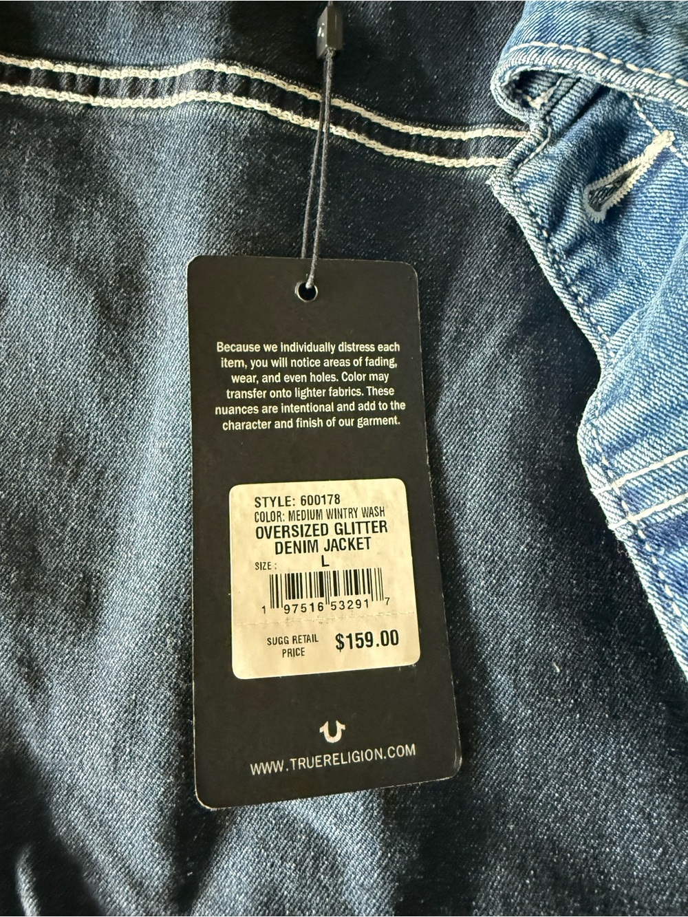 True Religion Oversized Glitter Denim Jacket - Medium Wintry Wash Blue